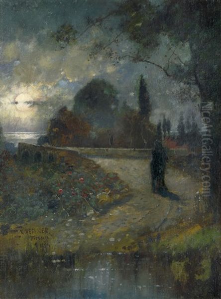 Italienischer Park Am Meer Bei Vollmond - view 1