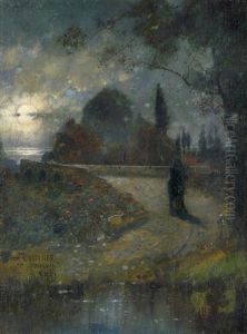 Italienischer Park Am Meer Bei Vollmond by Karl Heffner