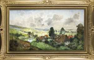 Groses, Stimmungsvolles Landschaftsstuck Mit Einer Siedlung In Hugeliger Landschaft by Karl Heffner