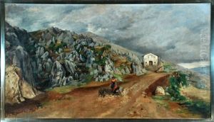 Schafhirtin In Sizilianischer Berglandschaft by Karl Heffner