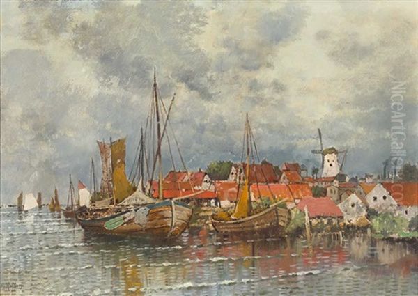 Hafenszene Mit Fischerbooten Und Malerischem Stadtchen Mit Windmuhle - view 1