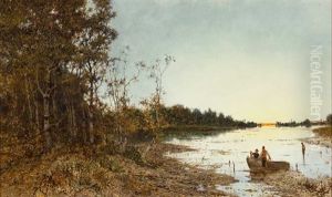 Flusslandschaft Im Abendlichen Licht Mit Fischern Im Nachen Und Baumbestandenem Ufer by Karl Heffner