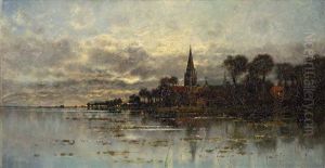 Uberflutete Hollandische Landschaft Mit Einer Stadt Im Hintergrund