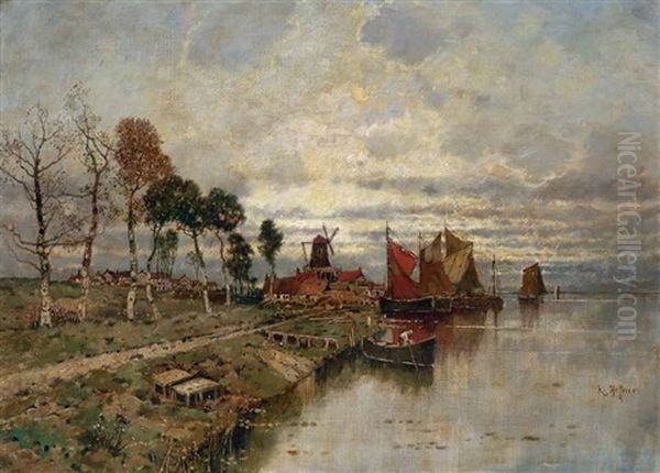 Weite Themselandschaft Mit Segelbooten Und Einer Muhle - view 1