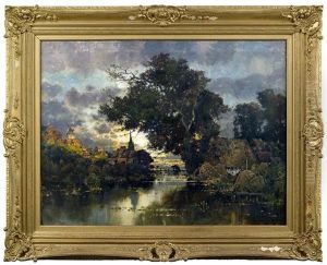 Abendliche Flusslandschaft Mit Einem Stadtchen Am Linken Ufer by Karl Heffner