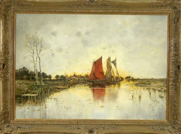 Uferlandschaft Mit Segelbooten Im Abendrot - view 1