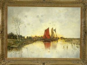 Uferlandschaft Mit Segelbooten Im Abendrot by Karl Heffner