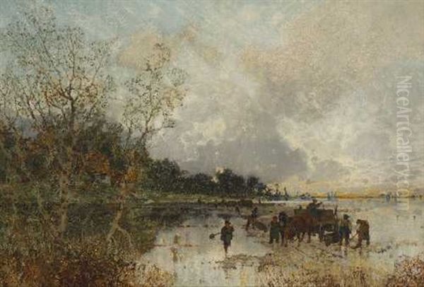 Pferdefuhrwerke Mit Arbeitern Am Ufer - view 1