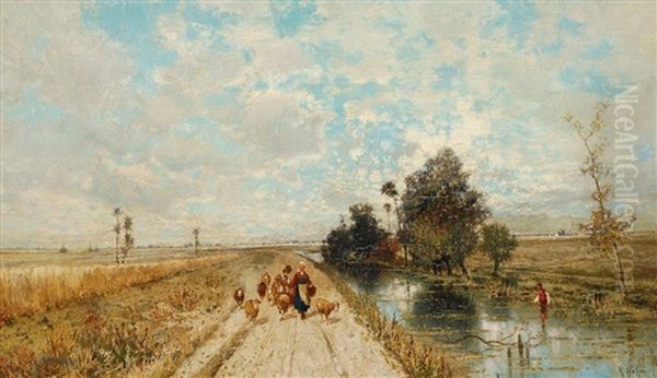 Sommerliche Fluslandschaft Mit Schafhirtin - view 1