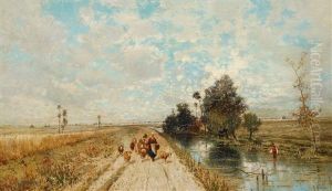Sommerliche Fluslandschaft Mit Schafhirtin Sommerliche Fluslandschaft Mit Schafhirtin