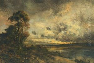 Abendliche Teichlandschaft Mit Weidenden Kuhen Abendliche Teichlandschaft Mit Weidenden Kuhen