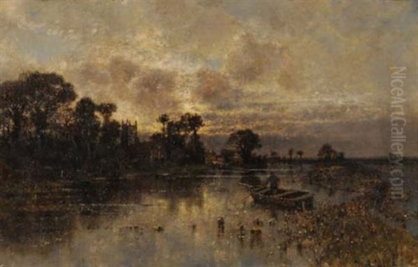 Uferlandschaft Mit Kirche Und Ruderboot - view 1