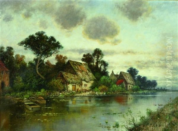 Flusslandschaft Mit Reetgedeckten Hausern - view 1