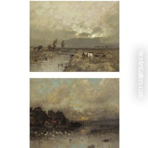 Horse And Cart In A River Landscape (+ Cottage With Geese At Sunset; Pair)