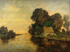 Fluslandschaft Im Abendrot. Vorn Am Ufer Eine Fachwerkkate Fluslandschaft Im Abendrot. Vorn Am Ufer Eine Fachwerkkate