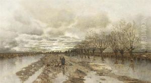 Schafer Mit Seiner Herde In Weiter Verregneter Hollandischer Kanallandschaft by Karl Heffner