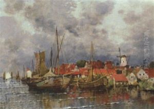 Village Harbour With Windmill by Karl Heffner