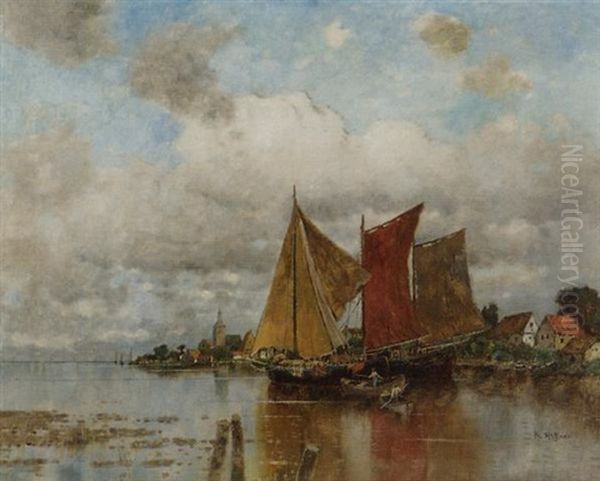 A Calm: Sailing Boats On A River By A Town - view 1