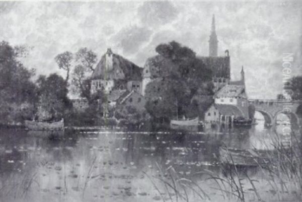Kleines Dorf Mit Reetgedeckten Hausern An Einem Fluslauf - view 1