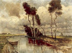An Extensive River Landscape With A Town Beyond by Karl Heffner