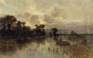 A Fisherman In A River Landscape by Karl Heffner