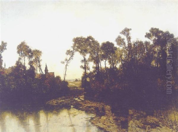 Landschaft Mit Wasser, Baumen Und Dorf - view 1