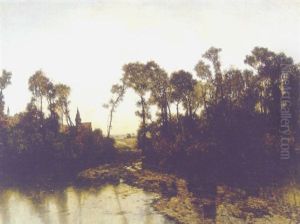 Landschaft Mit Wasser, Baumen Und Dorf by Karl Heffner