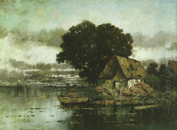 A River Landscape With A Cottage And A Dinghy Moored In The Foreground - view 1