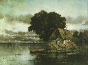 A River Landscape With A Cottage And A Dinghy Moored In The Foreground