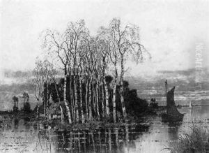Moorlandschaft Mit See, Im Bildmittelgrund Birkengruppe Und Fischerboot Mit Rotem Segel by Karl Heffner