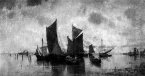 Ankernde Fischerboote Im Abendlicht Vor Einem Ostseehafen by Karl Heffner