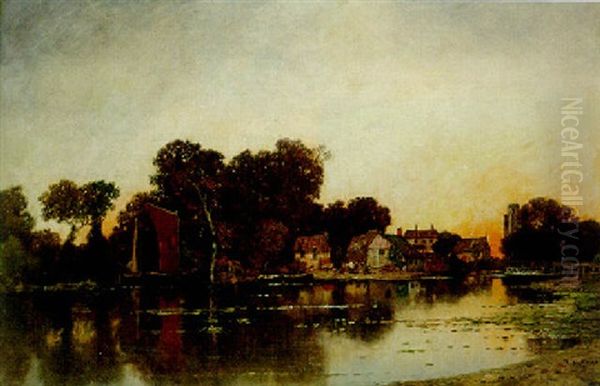 Boats On A Tranquil River With A Farmstead Beyond - view 1