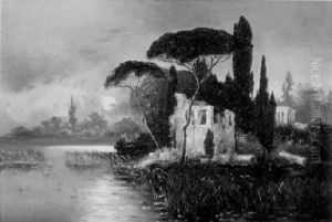 Italienische Uferlandschaft Mit Ruine Im Mondschein by Karl Heffner