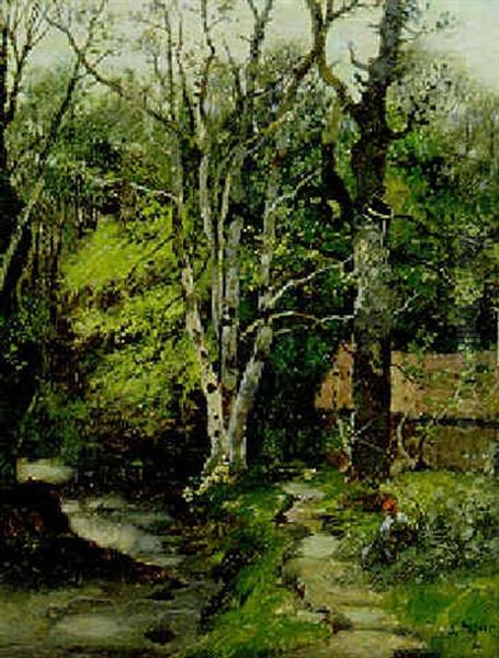 A Wooded Landscape With A Girl Seated By A Stream - view 1