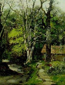 A Wooded Landscape With A Girl Seated By A Stream by Karl Heffner