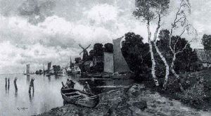 A River Landscape With Fishermen And A Dutch Town by Karl Heffner