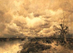 Buffalo Drawing A Cart On A Track In River Landscape