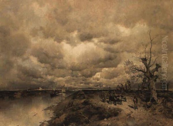 Buffalo Drawing A Cart On A Road By A River - view 1