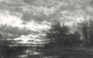 An Extensive Landscape At Dusk With A Lone Figure Fishing by Karl Heffner