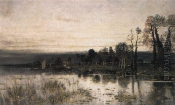 A Summer Lake Landscape With Figures In A Boat - view 1