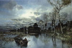 Fishermen Tending Their Nets In A River Landscape