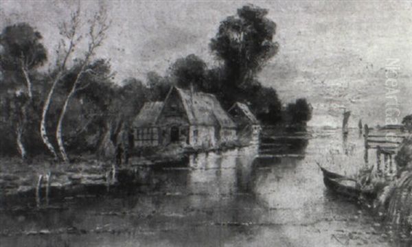 Abendlich Beleuchtete Fluslandschaft Mit Haus Und Booten - view 1