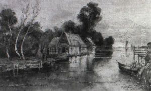 Abendlich Beleuchtete Fluslandschaft Mit Haus Und Booten by Karl Heffner