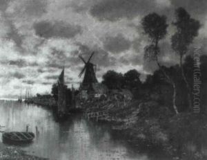 Uferlandschaft Mit Windmuhle. Abendstimmung by Karl Heffner
