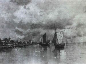 Fischerboote Vor Dem Hollandischen Hafenstadtchen by Karl Heffner