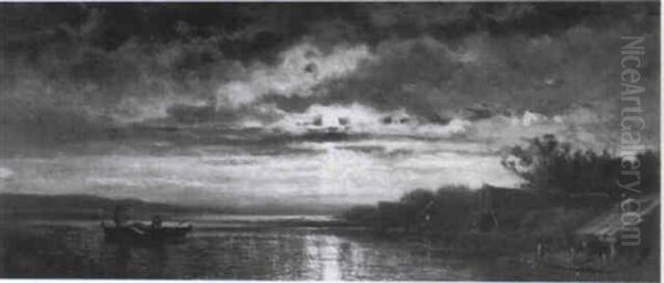 A Moonlit Lake Landscape With Figures In A Rowing Boat - view 1
