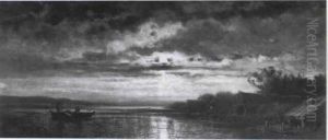 A Moonlit Lake Landscape With Figures In A Rowing Boat by Karl Heffner