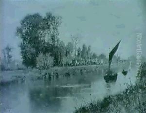 Barges On A River With A Village Beyond & Fishermen By A River At Sunset, A Village Beyond by Karl Heffner