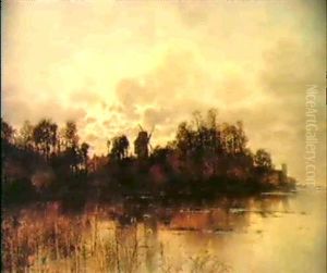 Houses And A Windmill By A Lake by Karl Heffner