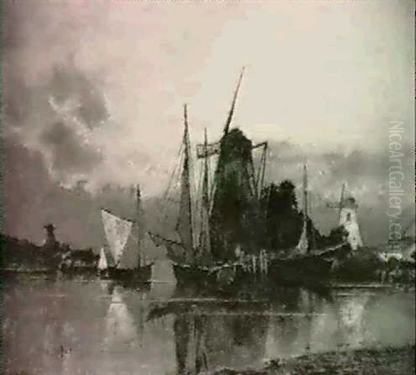 Hafen Mit Fischerbooten Und Windmuhlen Am Ufer - view 1